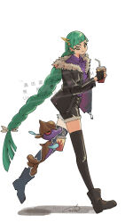  1girl alternate_costume black_boots black_shorts black_thighhighs blunt_bangs boots bow braid braided_ponytail closed_eyes collared_shirt colored_sclera colored_skin commentary_request cup drinking_straw fish fur-trimmed_jacket fur-trimmed_shorts fur_trim green_hair highres holding holding_cup jacket latex_jacket latex_shorts lebanne_(pokemon) long_braid long_hair m_t_m pokemon pokemon_(creature) pokemon_legends:_z-a purple_shirt purple_skin red_sclera seahorse shirt shorts skrelp smile snout thigh-highs tsurime white_bow 