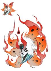  bairizuomeng blue_eyes bug floating fluffy full_body horns insect_wings looking_at_viewer moth multiple_wings no_humans official_art_inset pokemon pokemon_(creature) pokemon_focus red_horns reference_inset simple_background solo volcarona white_background white_fur wings 