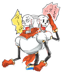  1boy 2022 2d afterimage armor blue_shorts cape cropped_torso digital_media gloves humanoid male male_focus male_only monster monster_boy nervous papyrus_(undertale) red_cape red_gloves sakito_(mg_1016) shorts simple_background skeleton solo speech_bubble teeth text translation_request undead undertale utdr_(toby_fox) white_armor white_background 