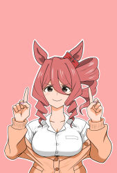  1girl animal_ears bow breasts brown_cardigan brown_hair cardigan collared_shirt commentary_request drill_hair drill_sidelocks ear_bow hair_between_eyes highres horse_ears horse_girl igouichigata index_fingers_raised kasamatsu_tracen_school_uniform large_breasts looking_at_viewer norn_ace_(umamusume) pink_background red_bow school_uniform shirt side_drill sidelocks simple_background single_drill solo umamusume umamusume:_cinderella_gray upper_body white_shirt 