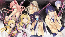 1boy 6+girls ahoge amputee aoi_sena bandaged_hand bandages binary biting_own_lip black_hairband blazer blonde_hair blue_hair bow bowtie brown_jacket chaos;head clenched_teeth collared_shirt d-sword dress_shirt everyone expressionless food food_in_mouth glasses glowing glowing_sword glowing_weapon goth_fashion green_eyes green_hair hair_bow hair_ornament hairband hairpin holding holding_sword holding_weapon jacket jewelry kishimoto_ayase kusunoki_yua kyo_zip lapels loose_necktie miniskirt missing_limb multiple_girls necklace necktie nervous_sweating nishijou_nanami nishijou_takumi no_jacket non-web_source notched_lapels one_side_up open_collar orihara_kozue over_shoulder pants phantasm pink_eyes pink_hair plaid_bow plaid_bowtie plaid_clothes plaid_necktie plaid_pants plaid_skirt pleated_skirt popsicle popsicle_in_mouth purple_bow purple_bowtie purple_hair purple_pants purple_skirt sakihata_rimi school_emblem school_uniform science_adventure serious shirt skirt smile spoilers suimei_academy_school_uniform sweat sword sword_over_shoulder teeth thigh-highs violet_eyes weapon weapon_over_shoulder white_shirt white_thighhighs worried yellow_eyes 