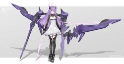  1girl black_boots boots closed_mouth commentary_request dress frilled_dress frills full_body grey_background hair_between_eyes headgear highres letterboxed long_hair long_sleeves looking_at_viewer mecha_musume mechanical_wings original outside_border purple_hair sarasadou_dan shadow simple_background solo standing thigh_boots violet_eyes white_dress wings 