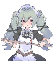  1girl apron black_dress breasts commentary_request corin_wickes cuffs dress green_hair hair_between_eyes highres holding long_hair looking_at_viewer maid maid_apron maid_headdress mizuame_bakuhatsu open_mouth puffy_short_sleeves puffy_sleeves screw_hair_ornament short_sleeves simple_background solo twintails upper_body violet_eyes white_apron white_background zenless_zone_zero 