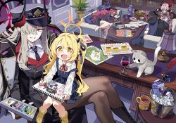  5girls bag_of_chips blue_archive carton cat chiaki_(blue_archive) chips_(food) commentary_request crayon cup demon_girl demon_horns demon_tail drinking_glass food grape_juice hat highres holding holding_crayon horns ibuki_(blue_archive) iroha_(blue_archive) juice kurihara_sakura makoto_(blue_archive) military_uniform multiple_girls pandemonium_society_(blue_archive) peaked_cap potato_chips satsuki_(blue_archive) tail teacup wine_glass 