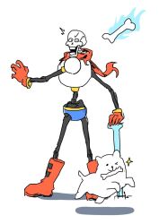  1boy 2022 2d ^^^ animal annoying_dog armor artist_name blue_shorts bone boots cape digital_media dog fighting_stance full_body gloves humanoid magic male male_focus male_only monster monster_boy open_mouth papyrus_(undertale) red_boots red_cape red_gloves sakito_(mg_1016) shorts simple_background skeleton solo standing surprised teeth undead undertale utdr_(toby_fox) white_armor white_background white_dog 