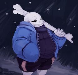 1boy 2018 2d alternate_body_size artist_name black_shorts black_sweater blue_hood blue_jacket bone brown_stripes carrying carrying_over_shoulder cowboy_shot digital_media fat hand_in_pocket holding holding_bone hood hooded_jacket jacket male male_focus male_only open_clothes open_jacket sans_(undertale) shorts simple_background single_vertical_stripe solo standing striped_shorts sweater turtleneck turtleneck_sweater undertale utdr_(toby_fox) vertical-striped_clothes vertical-striped_shorts white_background zipper zwagyzonk