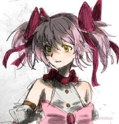  choker commentary dress gold_buttons highres kaname_madoka kaname_madoka_(magical_girl) looking_to_the_side mahou_shoujo_madoka_magica mahou_shoujo_madoka_magica:_walpurgis_no_kaiten pink_hair pink_ribbon red_choker red_ribbon ribbon sleeveless sleeveless_dress soul_gem twintails twitter_username wataru032281529 white_background yellow_eyes 
