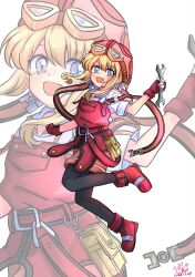  blonde_hair blue_eyes eiyuu_densetsu goggles goggles_on_head highres holding holding_wrench open_mouth overalls pink_shorts red_overalls shorts smile sora_no_kiseki tita_russell tool_belt toolbox tools wrench 