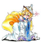 1girl all_fours animal_ears between_breasts blonde_hair bottle breasts clothes_between_breasts dress drunk fox_ears fox_tail goku_(acoloredpencil) hat highres long_sleeves multiple_tails open_mouth sake_bottle shadow shirt_slip short_hair simple_background solo tabard tail touhou traditional_media white_background wide_sleeves yakumo_ran yellow_eyes 