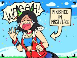  1girl animal_ears arrow_(symbol) bandeau black_hair blue_bandeau blue_skirt blue_sky blue_sports_bra blush blush_stickers breasts closed_eyes confetti crying facing_viewer hair_ornament hairclip hood hoodie horse_ears horse_girl horse_tail jacket lilpoplil2468 low-cut_armhole open_mouth parted_bangs red_jacket short_hair skirt sky sleeveless sleeveless_hoodie sleeveless_jacket solo speech_bubble sports_bra tail tears umamusume waving winning_ticket_(get_to_winning!)_(umamusume) winning_ticket_(umamusume) wristband 