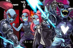  1girl 2018 2d alternate_form anthro armor black_background black_border black_eyepatch black_sclera black_tank_top blue_pants blue_skin boots border breastplate chart colored_sclera colored_skin digital_media ear_fins eyepatch female female_only fins fish fish_girl gauntlets genocide_route_(undertale) head_fins high_ponytail holding holding_polearm holding_spear holding_weapon long_hair monster monster_girl open_mouth pants polearm ponytail red_boots red_hair seki_(vcyr2733) sharp_teeth signature simple_background slit_pupils solo spear spiky_hair tank_top teeth undertale undyne undyne_the_undying utdr_(toby_fox) variations weapon white_pupils yellow_sclera yellow_teeth 