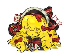  1girl black_bonnet black_bow bonnet bow bowtie chibi colored_skin die_of_death drill_hair frilled_bow frills genderswap genderswap_(mtf) hair_bow lolita_fashion long_hair mequot_(die_of_death) mob_face open_mouth q622130598 red_bow red_bowtie roblox simple_background solo striped_bow sword weapon white_background yellow_eyes yellow_skin 