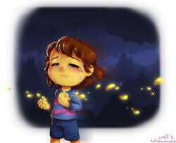  1other 2016 2d ambiguous_gender artist_name blue_shorts blue_sweater border brown_hair c-puff child digital_media double_horizontal_stripe frisk_(undertale) horizontal-striped_clothes human other_focus pink_stripes short_hair shorts signature simple_background solo striped_clothes striped_sweater sweater two-tone_sweater undertale utdr_(toby_fox) variant_set white_border 