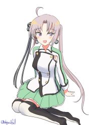  1girl absurdres ahoge akitsushima_(kancolle) armpit_cutout buttons clothing_cutout commentary_request double-breasted green_skirt grey_hair hair_ribbon highres kantai_collection military_uniform miniskirt one-hour_drawing_challenge pleated_skirt ribbon robinson_(day_l_full) side_ponytail simple_background sitting skirt smile solo two-tone_thighhighs violet_eyes white_background yokozuwari 
