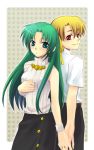  back_to_back blonde_hair blush green_eyes green_hair hand_holding higurashi_no_naku_koro_ni holding_hands houjou_satoshi love red_eyes ribbon ribbons sonozaki_shion 