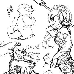  1:1 2018 2d 2girls alphys anthro black_eyepatch buck_teeth coat dated digital_media dinosaur dinosaur_girl duo ear_fins eyepatch female female_only fins fish fish_girl glasses hatching_(texture) head_fins high_ponytail hug lab_coat lizard lizard_girl lizard_tail long_hair monochrome monster monster_girl multiple_girls multiple_views pants ponytail reptile reptile_girl reptile_tail scalie seki_(vcyr2733) sharp_teeth signature simple_background sketch slit_pupils tail tank_top teeth text translation_request undertale undyne utdr_(toby_fox) white_background 
