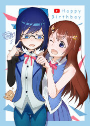  2girls a-chan_(1st_costume)_(hololive) a-chan_(hololive) ankimo_(tokino_sora) black-framed_eyewear black_shirt blue_border blue_eyes blue_hair blue_pants blue_skirt blue_vest border bow brown_hair clothes_hanger collarbone comic_sans commentary_request english_text engrish_text glasses hair_bow hair_ornament happy_birthday highres holding holding_clothes_hanger hololive multiple_girls one_eye_closed open_mouth pants ranguage shirt skirt sleeveless sleeveless_shirt star_(symbol) tokino_sora tokino_sora_(1st_costume) tokino_sora_(old_design) vest virtual_youtuber white_background white_shirt yanagi_no_hito youtube_logo 