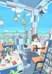  1girl acoustic_guitar akabane_1999 balcony bench blue_eyes blue_pants blue_sky book bookshelf bottle box broom brown_hair can cardboard_box citronella city closed_mouth clouds commentary_request controller drink_can eraser frown guitar guitar_stand handheld_game_console hanging_plant highres hourglass instrument music on_bench open_book original pants pen plant playing_guitar playing_instrument potted_plant railing remote_control ruler scenery scissors shelf shirt shoes short_hair sitting sky slice_of_life sneakers spray_bottle t-shirt table tape tile_floor tiles tissue_box trash_can white_shirt white_shoes 