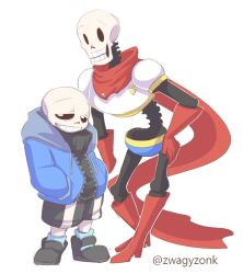  2017 2boys 2d armor artist_name black_shoes black_shorts black_sweater blue_jacket blue_shorts blue_socks boots brothers cape closed_mouth commission digital_media drawstring duo full_body gloves grey_hood hand_on_own_hip height_difference hollow_eyes hood hood_down hooded_jacket humanoid jacket male male_focus male_only monster monster_boy multiple_boys open_clothes open_jacket papyrus_(undertale) pink_slippers red_boots red_cape red_gloves red_scarf sans_(undertale) scarf shoes shorts siblings side-by-side simple_background single_vertical_stripe skeleton slippers socks standing striped_shorts sweater teeth turtleneck turtleneck_sweater undead undertale utdr_(toby_fox) vertical-striped_clothes vertical-striped_shorts white_armor white_background white_stripes zipper zwagyzonk 