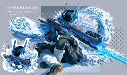  1boy antennae black_boots black_gloves black_jacket black_pants boots commentary crossed_legs energy_gun english_commentary gloves highres holding holding_weapon hyperlaser_(phighting!) jacket long_sleeves male_focus mili_milien pants phighting! roblox shawl sitting snow_leopard_boy snow_leopard_tail solo weapon white_shawl 