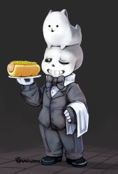  1boy 2019 2d alternate_costume animal animal_on_head annoying_dog artist_name black_bowtie black_pants black_shoes black_suit bowtie digital_media dog duo floor food full_body grey_background half-closed_eye holding holding_food holding_plate hot_dog humanoid male male_focus male_only monster monster_boy one_eye_closed pants plate sans_(undertale) shoes simple_background skeleton standing suit teeth undead undertale utdr_(toby_fox) waiter white_dog white_fur zwagyzonk 
