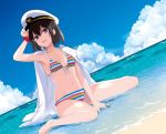  1girl armband bangs beach between_legs bikini blue_sky blush breasts brown_eyes brown_hair clouds commentary_request day front-tie_bikini front-tie_top full_body hair_between_eyes hand_between_legs hand_up hat ica jewelry kantai_collection legs looking_at_viewer military military_hat military_uniform multicolored multicolored_stripes naval_uniform navel ocean open_mouth peaked_cap ring sand sendai_(kantai_collection) shirt short_hair sitting sky small_breasts smile solo striped striped_bikini striped_swimsuit swimsuit thighs uniform wariza wedding_band white_shirt 