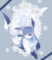  animal_focus blue_background blue_eyes blue_theme blush bug english_commentary flower frosmoth glaceon highres lying miikagell moth no_humans pokemon pokemon_(creature) pokemon_focus ribbon rose smile snowflakes twitter_username window 