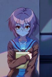  1girl blue_sailor_collar blue_skirt book brown_cardigan brown_eyes cardigan closed_mouth commentary_request glasses hair_between_eyes highres holding holding_book hugging_book hugging_object kita_high_school_uniform long_sleeves nagato_yuki notus_23 purple_hair sailor_collar school_uniform serafuku shadow short_hair skirt solo standing suzumiya_haruhi_no_shoushitsu suzumiya_haruhi_no_yuuutsu winter_uniform 