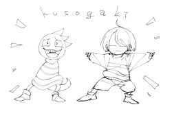 2019 2d 2others ambiguous_gender ankle_boots anthro boots child digital_media double_horizontal_stripe duo frisk_(undertale) full_body highres horizontal-striped_clothes human legs_apart lizard lizard_tail monochrome monster monster_kid_(undertale) multiple_others open_mouth other_focus outstretched_arms reptile reptile_tail romaji_text scalie seki_(vcyr2733) shirt short_hair shorts simple_background striped_clothes striped_shirt text undertale utdr_(toby_fox) white_background 