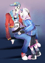  2021 2boys 2d aqua_shirt artist_name backwards_hat baseball_cap black_gloves black_shoes black_shorts blue_background blue_jacket blue_pants brothers commission digital_media duo fingerless_gloves full_body gloves gradient_background grey_hood grey_socks half-closed_eyes hand_on_another's_head hat height_difference hood hood_up hooded_jacket humanoid jacket looking_at_another male male_focus male_only monster monster_boy multiple_boys open_clothes open_jacket pants papyrus_(undertale) red_gloves red_shoes ribs sans_(undertale) shirt shoes shorts siblings simple_background sitting skeleton sneakers socks standing striped_jacket striped_shorts sweat teeth undead undertale utdr_(toby_fox) vertical-striped_clothes vertical-striped_shorts white_shirt white_stripes zwagyzonk 