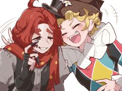  2boys :3 :d ^_^ black_eyeshadow black_vest blonde_hair closed_eyes commentary_request cowlick cropped_vest eyeshadow facial_mark finger_claws flower freckles grey_shirt hair_intakes happy_tears harlequin hat hat_flower highres identity_v juliet_sleeves laughing long_sleeves makeup male_focus medium_hair mike_morton mini_hat mini_top_hat multiple_boys neck_ruff one_eye_closed perorinsr polka_dot polka_dot_scarf puffy_sleeves red_hair red_scarf scarf shirt short_eyebrows smile teardrop_facial_mark tears top_hat upper_body vest wavy_mouth weeping_clown_(identity_v) wiping_tears 