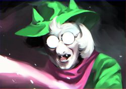  1boy 2019 2d animal_ears anthro dark_background deltarune digital_media droopy_ears fangs floppy_ears furry furry_male glasses goat goat_boy goat_ears green_robe highres horns male male_focus male_only pink_horns pink_scarf ralsei robe round_eyewear scarf seki_(vcyr2733) simple_background solo utdr_(toby_fox) white_fur 