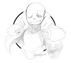  1boy 2020 2d artist_name clothes_grab cropped_torso digital_media half-closed_eye hood hood_down hooded_jacket humanoid jacket male male_focus male_only monochrome monster monster_boy one_eye_closed open_clothes open_jacket outside_border round_border sans_(undertale) simple_background skeleton solo sweater teeth undead undertale utdr_(toby_fox) white_background zwagyzonk 