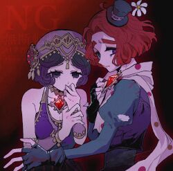  1boy 1girl black_eyes black_hair black_shirt black_vest commentary_request cropped_vest curled_ends curly_hair fingerless_gloves flower gem gloves gold_trim hair_intakes hat hat_flower highres identity_v juliet_sleeves leotard long_sleeves looking_back margaretha_zelle mini_hat mini_top_hat perorinsr pink_wrist_cuffs polka_dot polka_dot_scarf puffy_sleeves purple_hat purple_leotard red_gemstone red_hair scarf shirt top_hat upper_body vest watermark weeping_clown_(identity_v) wrist_cuffs 