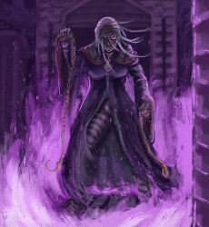  1girl bandaged_arm bandaged_head bandaged_neck bandages chain collarbone fire grey_hair hair_between_eyes highres holding holding_chain hook horror_(theme) long_hair melancholymaze0 mummy one_eye_covered purple_fire re:zero_kara_hajimeru_isekai_seikatsu sirius_(re:zero) standing 