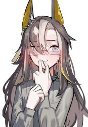  1girl animal_ears black_hair blue_eyes blush brown_hair commentary_request dream_journey_(umamusume) eyewear_strap glasses grey_shirt hair_between_eyes highres horse_ears horse_girl long_hair long_sleeves looking_at_viewer multicolored_eyes multicolored_hair open_mouth pink_eyes revision shirt simple_background solo solokitsune streaked_hair sweatdrop teeth two-tone_eyes umamusume upper_body white_background white_hair 