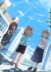  3girls absurdres bag black_shoes black_shorts blonde_hair blue_dress blue_shirt blue_skirt blue_sky brown_hair brown_shoes building clouds cloudy_sky commentary_request dappled_sunlight day dress food highres holding holding_bag light_rays long_hair multiple_girls oomuro-ke oomuro_hanako oomuro_nadeshiko oomuro_sakurako outdoors plastic_bag popsicle ra_ru_ni shirt shoes short_sleeves short_twintails shorts skirt sky standing summer sunlight twintails very_long_hair yuruyuri |_| 