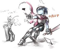  1other 2018 2d ambiguous_gender armor armored_boots blue_hair blue_skin bodysuit boots colored_skin deltarune digital_media dynamic_pose full_body gauntlets hair_over_eyes heart highres holding holding_sword holding_weapon human kris_(dark_world)_(deltarune) kris_(deltarune) other_focus scarf seki_(vcyr2733) short_hair simple_background sketch solo standing sword text translation_request utdr_(toby_fox) weapon white_background 