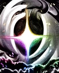  1other 2025 angel_wings artist_name chromatic_aberration commentary cornmayor dated deltarune demon_horns eldritch_abomination english_commentary feathered_wings head_wings highres horns light_particles living_shadow multiple_wings one-eyed signature spoilers titan_(deltarune) umbrakinesis utdr_(toby_fox) wings 