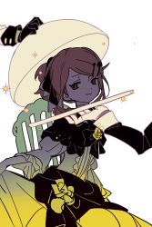  1girl absurdres aku_no_musume_(vocaloid) black_bow blonde_hair bow chair chi_ya commentary_request disembodied_hand dress dress_bow dress_flower evil_smile evillious_nendaiki flower frilled_sleeves frills gradient_clothes gradient_dress grey_dress hair_bow hair_ornament hairclip half-closed_eyes high_ponytail highres holding holding_plate implied_decapitation kagamine_rin looking_at_viewer miku_symphony_(vocaloid) off-shoulder_dress off_shoulder plate ponytail puffy_sleeves riliane_lucifen_d'autriche rose serving_dome sidelocks sideways_glance skinny skirt_hold smile smug solo_focus stomacher swept_bangs symbolism updo vocaloid wide_sleeves yellow_dress yellow_eyes yellow_flower yellow_rose 