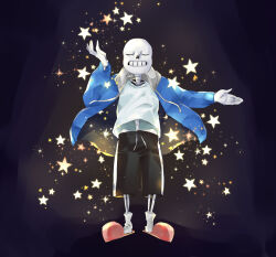 2021 2d black_background black_shorts blue_jacket brothers closed_eyes digital_media full_body grey_hood height_difference hollow_eyes hood hood_down hooded_jacket humanoid jacket male monster monster_boy open_clothes open_jacket pink_slippers sakito_(mg_1016) sans_(undertale) shirt shorts siblings simple_background single_vertical_stripe skeleton slippers socks striped_shorts teeth undead undertale utdr_(toby_fox) vertical-striped_clothes vertical-striped_shorts white_shirt white_socks white_stripes