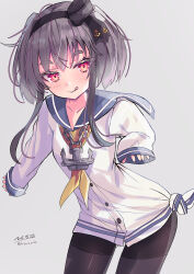 1girl absurdres black_hair blue_sailor_collar blush brown_eyes cowboy_shot dress grey_background grey_hair hairband hat highres hizaka kantai_collection long_hair long_shirt long_sleeves looking_at_viewer lowleg lowleg_pantyhose neckerchief no_pants pantyhose sailor_collar sailor_dress school_uniform shirt short_hair short_hair_with_long_locks signature smile smokestack_hair_ornament solo tied_shirt tokitsukaze_(kancolle) twitter_username yellow_neckerchief 