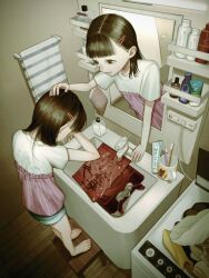  2girls absurdres backpack bag barefoot bathroom brown_hair bullying center-flap_bangs child clone crying cup electrical_outlet faucet footprint_on_body footprints footstool hair_ornament hairclip hand_on_another's_head highres horror_(theme) indoors iyuru_kuroneko mirror mug multiple_girls original randoseru reflection shelf shirt shorts standing through_medium through_mirror toothbrush towel water wooden_floor 