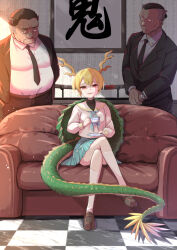  1girl 2boys aqua_skirt armchair blonde_hair blue_skirt chair crossed_legs cup dragon_horns dragon_tail formal_clothes futa_(nabezoko) green_scales highres holding holding_cup horns katana kicchou_yachie long_sleeves looking_at_viewer multiple_boys neckerchief necktie open_mouth otter otter_spirit_(touhou) pleated_skirt red_eyes sailor_collar sailor_shirt school_uniform serafuku shirt shoes short_hair skirt smile socks sword tail teacup touhou turtle_shell weapon white_sailor_collar white_shirt white_socks yakuza yellow_horns 