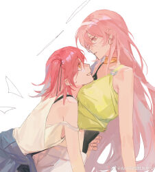  2girls absurdres arknights bad_link blue_jacket bra_strap chinese_commentary clothes_around_waist commentary_request exusiai_(arknights) exusiai_the_new_covenant_(arknights) g_xio111 hairband halo highres hug incest jacket jacket_around_waist lemuen_(arknights) long_hair medium_hair multiple_girls one_side_up pink_eyes pink_hair red_hair siblings simple_background sisters strap_slip white_background white_hairband yuri 