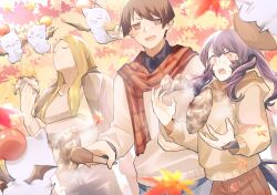  1other 2boys asahi_sas_brutus au_ra autumn autumn_leaves black_horns black_scales black_tail bowl_cut closed_eyes commission commissioner_upload falling_leaves final_fantasy final_fantasy_xiv food highres holding holding_tongs hood hoodie horns leaf moogle multiple_boys outdoors roasted_sweet_potato scarf sikiso_soso skeb_commission steam sweet_potato tongs tree warrior_of_light_(ff14) zenos_yae_galvus 