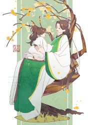  2boys :d against_tree aged_down androgynous boots border brown_hair child chinese_clothes closed_eyes curtained_hair flower full_body green_background green_hanfu half_updo hand_on_another's_back hand_on_another's_chest hanfu highres in_tree long_hair long_sleeves looking_at_another luo_binghe male_focus multiple_boys outline outside_border pants parted_bangs pillarboxed ponytail red_eyes renzha_fanpai_zijiu_xitong ribboned_xiao_guan sakuramochi1003 shen_qingqiu sitting sitting_in_tree sitting_on_lap sitting_on_person smile stamp_mark tree very_long_hair wavy_hair white_boots white_border white_hanfu white_outline white_pants wide_sleeves yellow_flower 