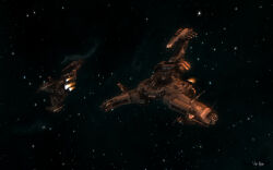  3d artist_name battleship_(eve_online) caldari_state_(eve_online) commentary dark_background electronic_warfare_ship_(eve_online) emblem english_commentary eve_online fire flying glowing highres lai_dai_corporation_(eve_online) logo military_vehicle no_humans outdoors radio_antenna realistic space spacecraft star_(sky) starry_sky_background thrusters vankaiser vehicle_focus 