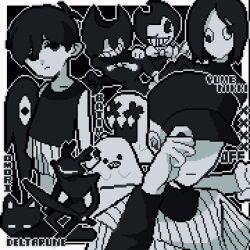  1other 4boys 9aaaalt29 :< :d ;d adjusting_clothes adjusting_headwear animal antenna_hair arms_at_sides bare_shoulders baseball_bat baseball_cap bendy bendy_and_the_ink_machine black_background black_knife_(deltarune) border bow bowtie cat character_request child closed_mouth collarbone color_connection commentary copyright_name copyright_request cowboy_shot crossover deltarune demon double-parted_bangs dual_persona empty_eyes greyscale grin hair_behind_ear hair_between_eyes hat high_contrast highres holding holding_baseball_bat holding_sword holding_weapon ink long_sleeves looking_at_another looking_at_viewer mewo monochrome multiple_boys multiple_crossover no_eyes no_pupils off_(game) omori omori_(omori) one_eye_closed outline outside_border over_shoulder pac-man_eyes pinstripe_pattern pinstripe_shirt pinstripe_shorts pixel_art roaring_knight shirt short_hair shorts simple_background smile something_(omori) standing sword symbol-only_commentary tank_top the_batter_(off) traditional_bowtie upper_body utdr_(toby_fox) very_short_hair wall-eyed weapon weapon_over_shoulder white_border yume_nikki 