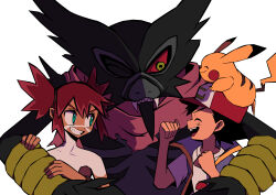  2boys absurdres aqua_eyes ash_ketchum baseball_cap blue_vest bodypaint clenched_hands closed_eyes closed_mouth clothed_pokemon colored_sclera commentary_request dark-skinned_male dark_skin facepaint fangs green_eyes hands_on_another's_arm hat highres koko_(pokemon) multiple_boys nostrils on_head one_eye_closed open_clothes open_mouth open_vest ottoyamaotoko8 pikachu poke_ball_print pokemon pokemon_(anime) pokemon_(creature) pokemon_on_head pokemon_the_movie:_secrets_of_the_jungle purple_scarf red_hair red_hat red_sclera scarf sharp_teeth shirt short_hair short_sleeves simple_background smile teeth topless_male torn_clothes torn_scarf upper_body upper_teeth_only v-shaped_eyebrows vest white_background white_shirt zarude zarude_(dada) 